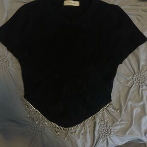 Chic Black Beaded Short Sleeve Top